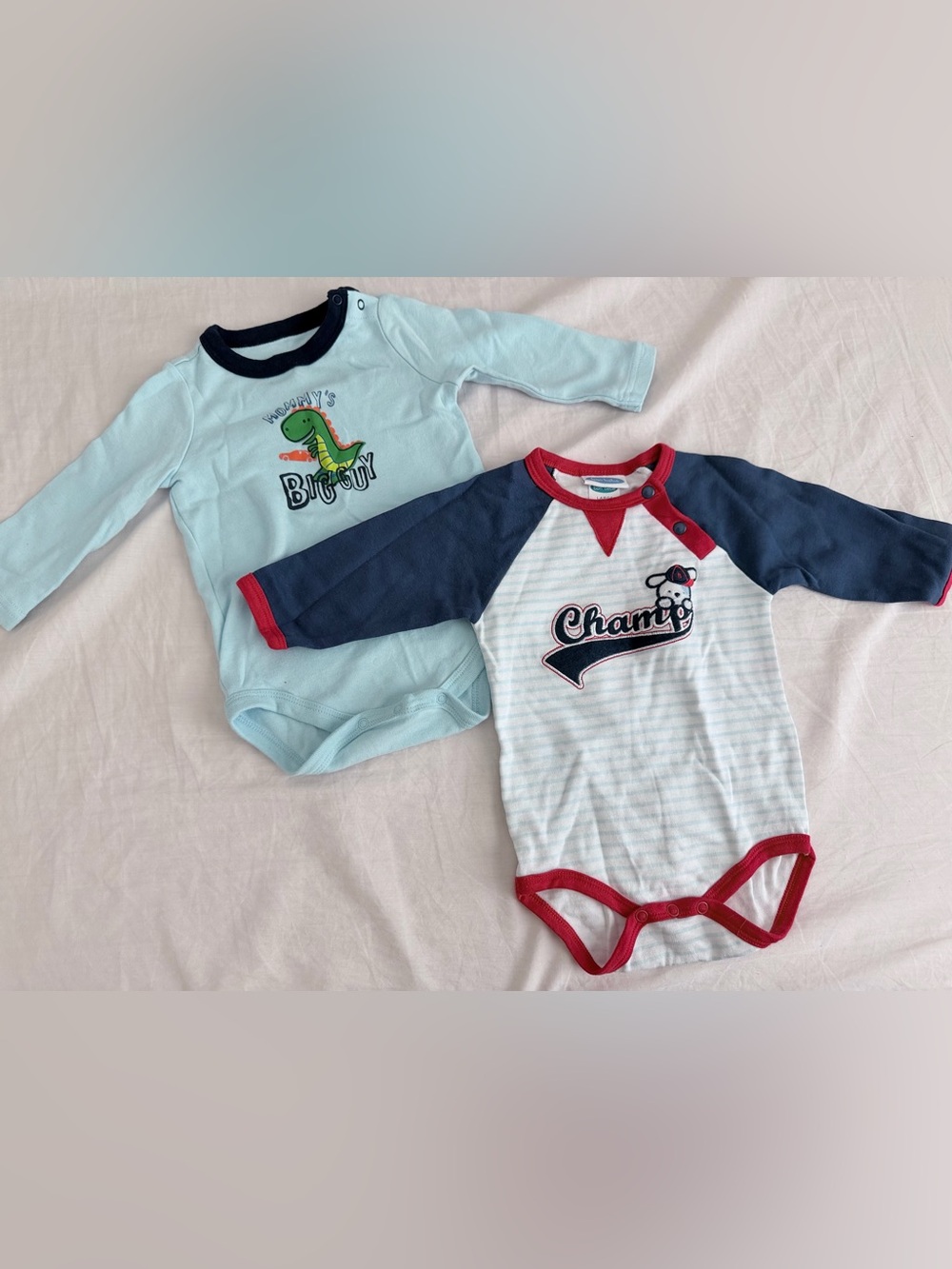 Blue Dino & Navy-Trim 'Champ' Long-Sleeve Baby One-Piece Duo